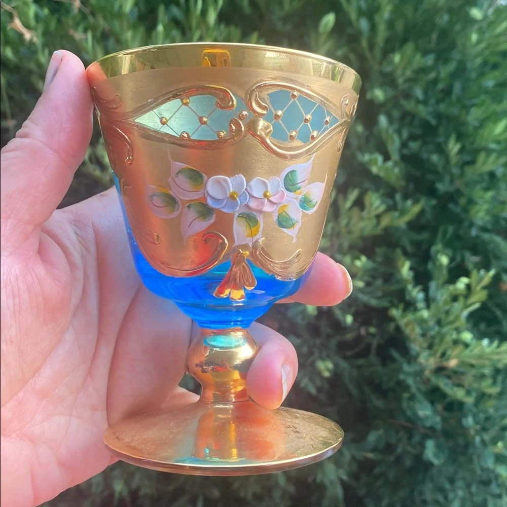 Vintage 4 Bohemian Moser Style Green Glass Heavy Gold Painted Flowers handmade5”